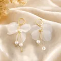 Elegant white translucent petal earrings with pearl tassels in golden finish - Gold Mini Hoop Artificial Pearl Tassel Style (E6153-4)