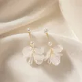 Elegant Korean style white petal drop earrings with white pearls and gold accents - Bubble Pearl 3D Layered Petal Style (E2105)