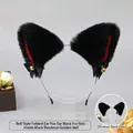 Handmade black plush cat fox ear headband with red lining black bows and gold bells - One Size / Folded Ear Ding-Dong - Black/Red Lining