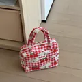 Cute red checkered tote bag with cherry and cartoon dog prints for versatile storage. - Cherry Puppy