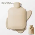 Premium off-white hot water bottle with a soft removable faux rabbit fur plush cover - Rice White + [With 1 Rabbit Fur Cover]