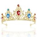 Luxury gold bridal tiara featuring red and blue teardrop crystals for wedding parties - Single Tiara / Colorful Gemstone Crown (Single Crown)