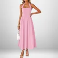Elegant pink halter neck midi dress featuring a square neckline and flared skirt - S / Pink