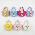 Hand-woven cotton rope mini tote bags in seven vibrant colors with cute flower decor - Twisted Green Leaf Flower Ball Style