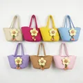 Handmade woven cotton rope vegetable basket tote bags in seven vibrant colors with flower decor - Woven Puff Flower Style