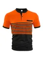Front view of men's casual color block polo shirt with orange stripes and chest pocket detail - Orange Red