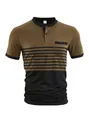 Men's casual V-neck striped polo shirt with chest pocket and color block design - Dark Brown
