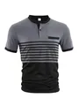 Close-up detail of a men's gray and black color-block striped Polo shirt on white background - Dark Gray