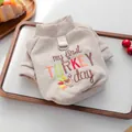 Cute beige ribbed pet sweater with 'My First Turkey Day' embroidery for small dogs - Beige Crewneck (Thanksgiving Turkey)