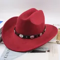 Red felt Western cowboy hat with decorative studded leather band and wide curled brim - Retro Round Buckle / Burgundy