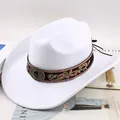 Elegant white Western cowboy felt hat featuring decorative embroidered band and buckle - Embroidered Band with Gemstone / White