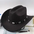 Classic black felt Western cowboy hat featuring a wide brim and silver-studded leather band. - Retro Round Buckle / Black