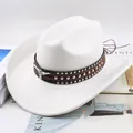 White American Western cowboy felt hat with studded leather band and bull head emblem - Bull Head with Three Rows of Studs / Cream