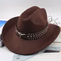 Dark brown wool felt western cowboy hat with studded leather band and bull head - Bull Head with Three Rows of Studs / Coffee