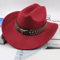 Stylish burgundy Western cowboy felt hat featuring curved wide brim and bull head stud band - Bull Head with Three Rows of Studs / Burgundy