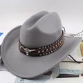 Gray wool felt western cowboy hat with studded leather band and bull head ornament - Bull Head with Three Rows of Studs / Gray