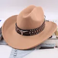 Camel felt Western cowboy hat with studded leather band and bull head - Bull Head with Three Rows of Studs / Camel