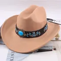 Beige felt western cowboy hat featuring embroidered band with turquoise stone detail - Black Belt with Embroidery and Gemstone / Camel