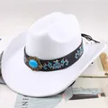 White wool western cowboy hat with embroidered floral band and turquoise stone ornament - Black Belt with Embroidery and Gemstone / White