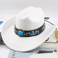 Elegant white wool felt western cowboy hat with turquoise stone and blue embroidery details - Black Belt with Embroidery and Gemstone / Cream