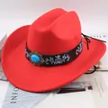 Bright red Western felt cowboy hat with turquoise stone and embroidered floral band - Black Belt with Embroidery and Gemstone / Red