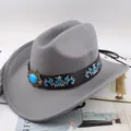 Grey wool Western cowboy hat with turquoise gemstone and floral embroidery leather band - Black Belt with Embroidery and Gemstone / Gray