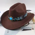 Brown woolen American Western cowboy hat with turquoise stone and floral embroidery - Black Belt with Embroidery and Gemstone / Coffee