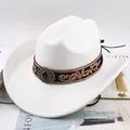 White wool Western cowboy hat with wide curved brim and embroidered decorative band - Embroidered Band with Gemstone / Cream