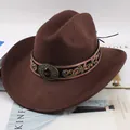 Vintage brown felt western cowboy hat featuring a wide brim and decorative embroidered band - Embroidered Band with Gemstone / Coffee