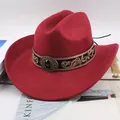 Classic red wool felt western cowboy hat featuring ornate embroidered band and stone centerpiece - Embroidered Band with Gemstone / Burgundy