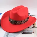 Bright red felt cowboy hat with embroidered floral band and gemstone detail - Embroidered Band with Gemstone / Red