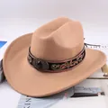 Classic khaki felt western cowboy hat with wide brim and decorative embroidered gemstone band - Embroidered Band with Gemstone / Camel