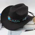 Black felt western cowboy hat with embroidered floral band and turquoise stone - Black Belt with Embroidery and Gemstone / Black