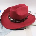 Red felt Western cowboy hat with bull head buckle and studded faux leather band - Thirty Rhinestones / Burgundy