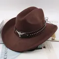 Classic brown felt western cowboy hat featuring a studded bull head leather decorative band - Thirty Rhinestones / Coffee