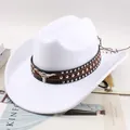 White wool western cowboy hat with studded leather band and bull head ornament - Bull Head with Three Rows of Studs / White