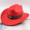 Vibrant red woolen cowboy hat featuring a studded black band and bull head buckle detail. - Bull Head with Three Rows of Studs / Red