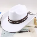 Stylish white felt western cowboy hat featuring a brown leather studded band and bull skull - Thirty Rhinestones / White