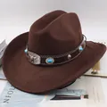 Elegant brown felt western cowboy hat featuring silver bull head buckle and blue beads - Bull Head with Gemstone / Coffee