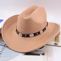 Classic khaki western cowboy felt hat featuring a silver-studded black leather band - Retro Round Buckle / Camel