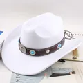 Elegant white felt cowboy hat featuring a brown band with turquoise studs and bull emblem - Bull Head with Gemstone / White