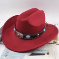Dark red felt Western cowboy hat with turquoise and bull head leather band - Bull Head with Gemstone / Burgundy
