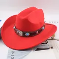 Classic red felt western cowboy hat with wide brim and turquoise stone band decoration - Bull Head with Gemstone / Red