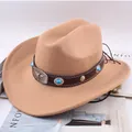 Western camel felt cowboy hat with turquoise and metal stud leather band decor - Bull Head with Gemstone / Camel