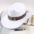 White felt cowboy hat featuring a wide brim and a brown decorative bull head band. - Bull Head with Plum Blossom Mark / White