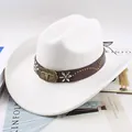 White felt Western cowboy hat with a decorative brown band and metal bull head buckle - Bull Head with Plum Blossom Mark / Cream