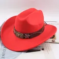 Vibrant red Western cowboy wool felt hat featuring a vintage bull head buckle band - Bull Head with Plum Blossom Mark / Red