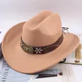 Western style tan wool felt cowboy hat with wide upturned brim and bull head buckle - Bull Head with Plum Blossom Mark / Camel