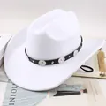 Stylish white wool felt cowboy hat featuring a black leather band with silver studs - Retro Round Buckle / White