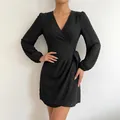 Elegant women's black V-neck long-sleeve Swiss dot wrap mini dress for autumn style - S / Black